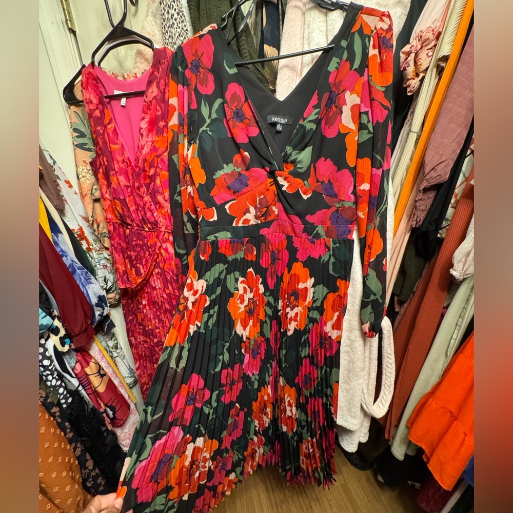 Kensie Black and Red Floral Long Sleeve Dress
